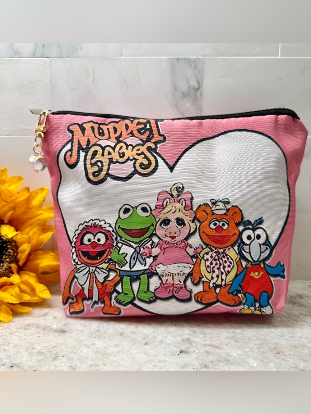 New Retro 80s Style Muppet Babies Makeup Tech Pencil Zippered Bag w/ Charm 9”x7”